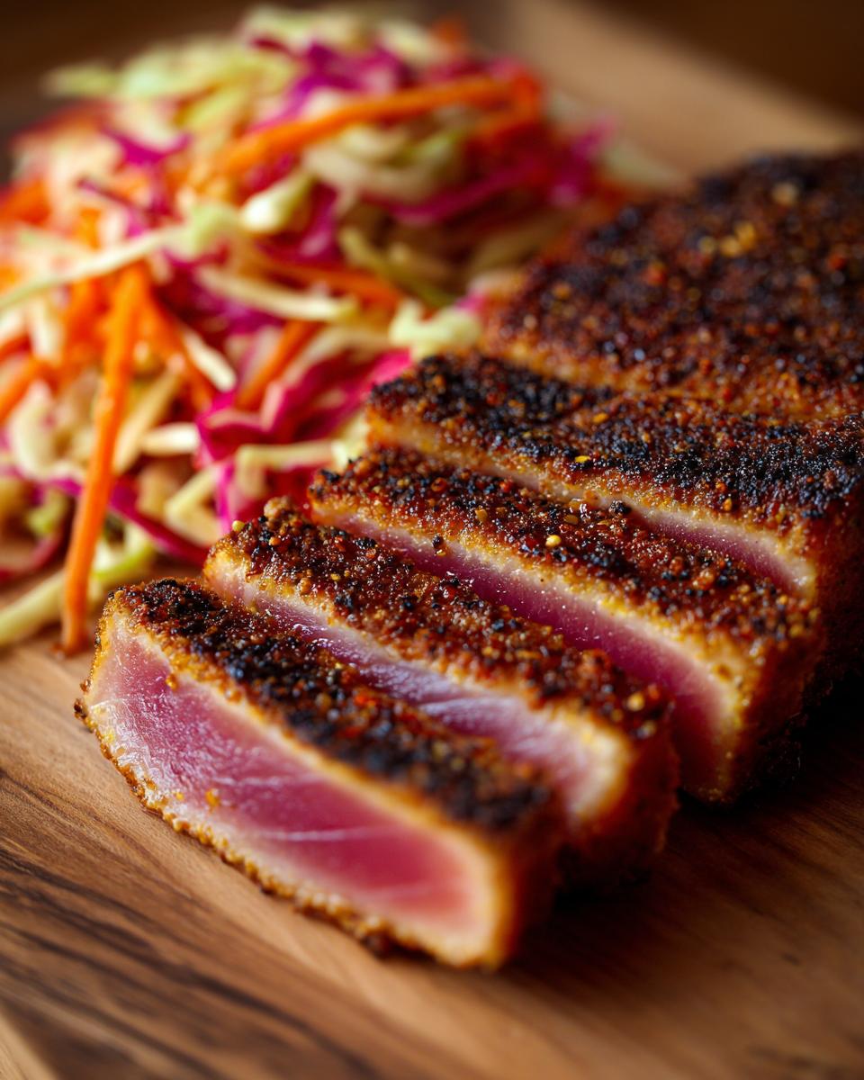 Close-up of perfectly seared, sliced blackened tuna steak with a rare center, served next to colorful slaw.