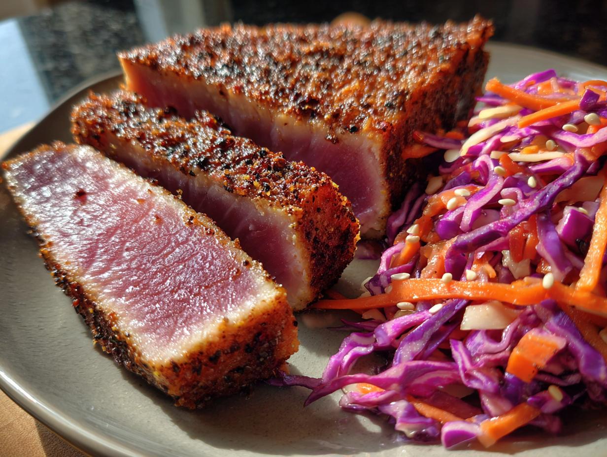 Close-up of a perfectly seared, medium-rare tuna steak, sliced, served next to a vibrant red cabbage and carrot slaw.