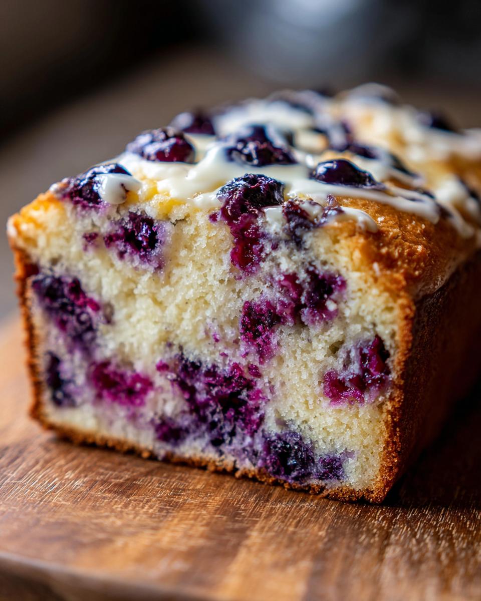 A close-up shot of a freshly baked Blueberry Cream Cheese Bread loaf with visible blueberries and a cream cheese drizzle.
