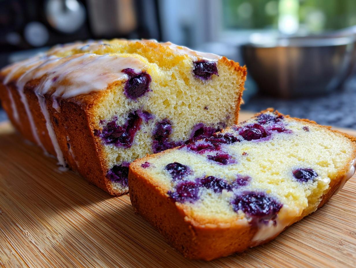 A loaf of Blueberry Cream Cheese Bread, sliced to show the moist interior packed with blueberries and topped with a sweet glaze.