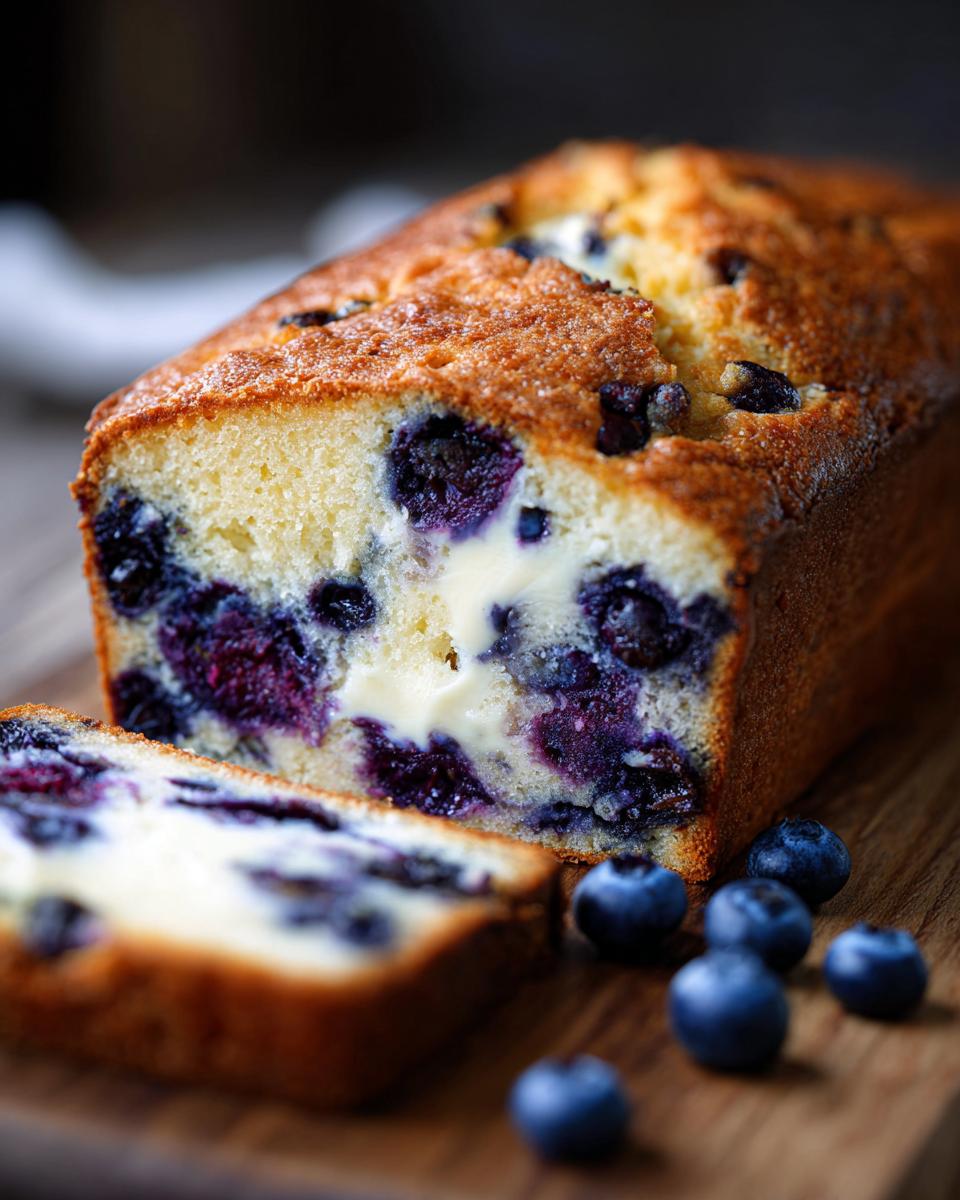 Close-up of a freshly baked Blueberry Cream Cheese Bread loaf with a slice cut, showing the cream cheese swirl and blueberries.