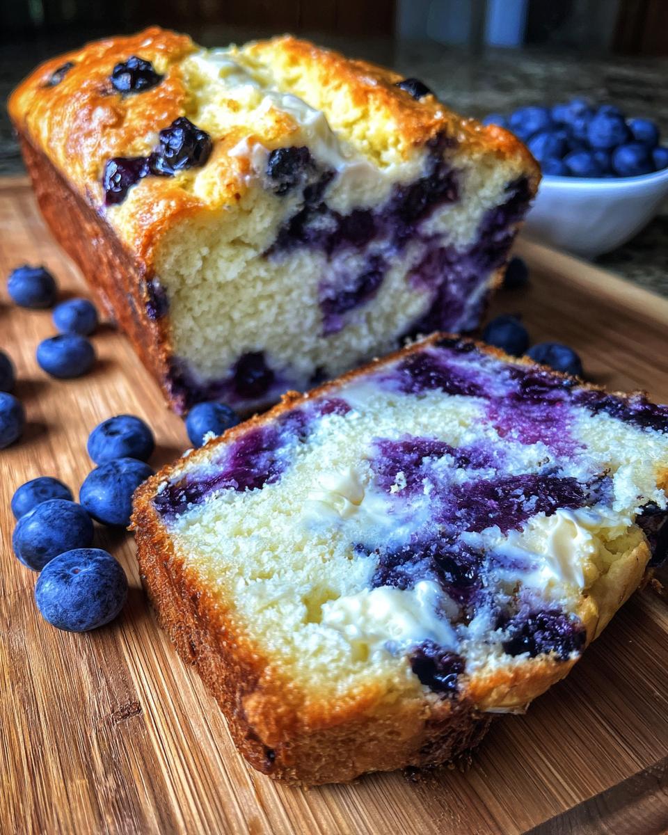 A slice of moist Blueberry Cream Cheese Bread showing swirls of cream cheese and baked blueberries, next to the loaf.