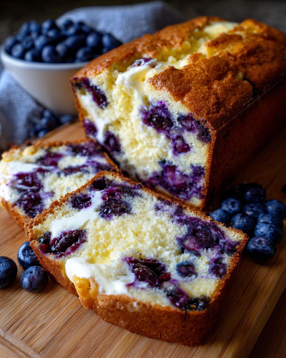 A golden-brown loaf of Blueberry Cream Cheese Bread, partially sliced, showing swirls of cream cheese and bursts of blueberries.
