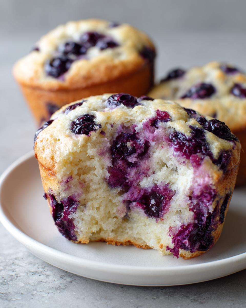 Close-up of a blueberry protein muffin, showing the moist interior packed with purple blueberries, with a bite taken out.