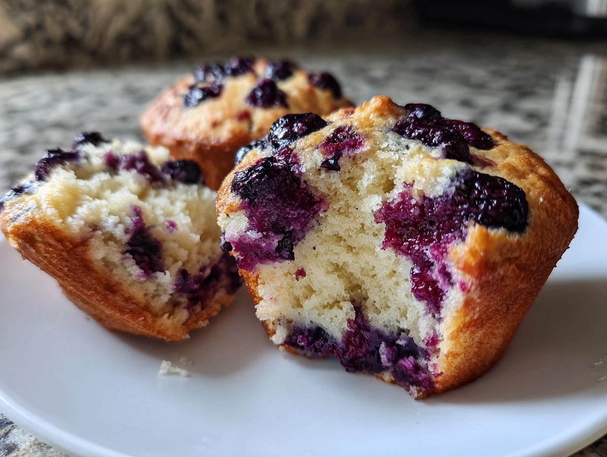 A blueberry protein muffin is broken open showing its moist, light interior filled with vibrant purple blueberries.