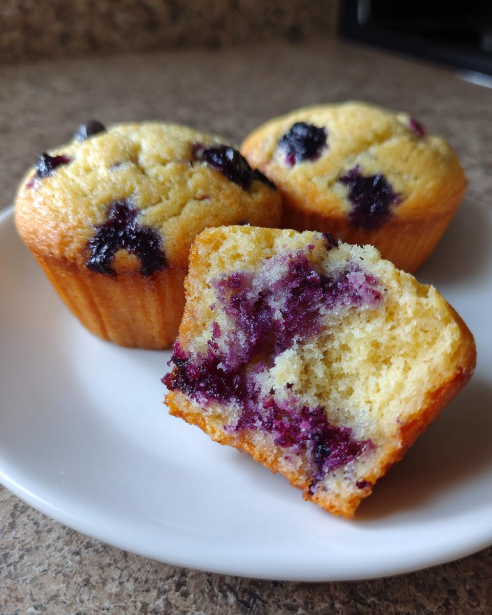 Close-up of three blueberry protein muffins on a white plate, with one muffin cut in half showing the moist, purple-flecked interior.