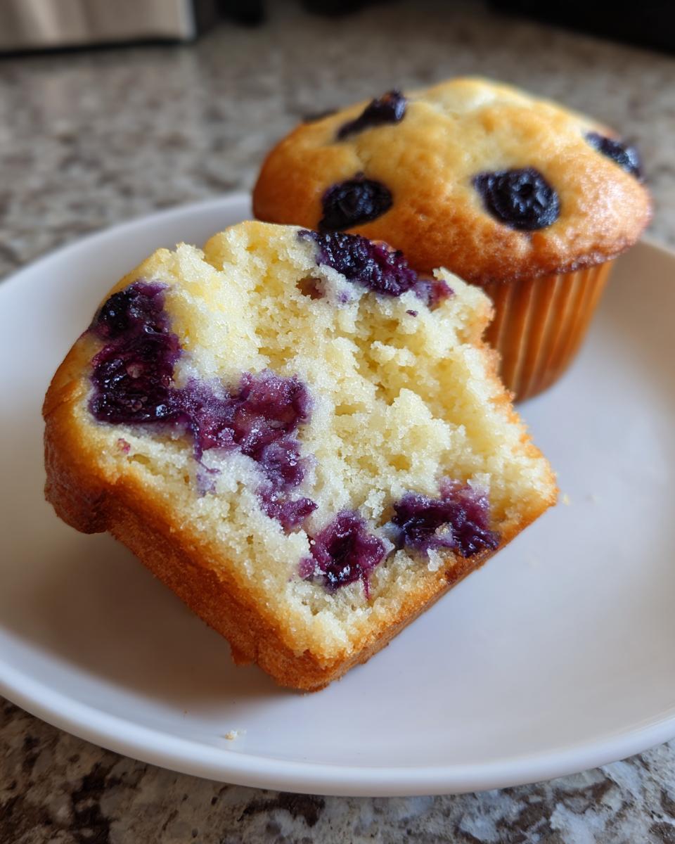 A blueberry protein muffin cut in half showing its moist, light crumb filled with purple blueberries.