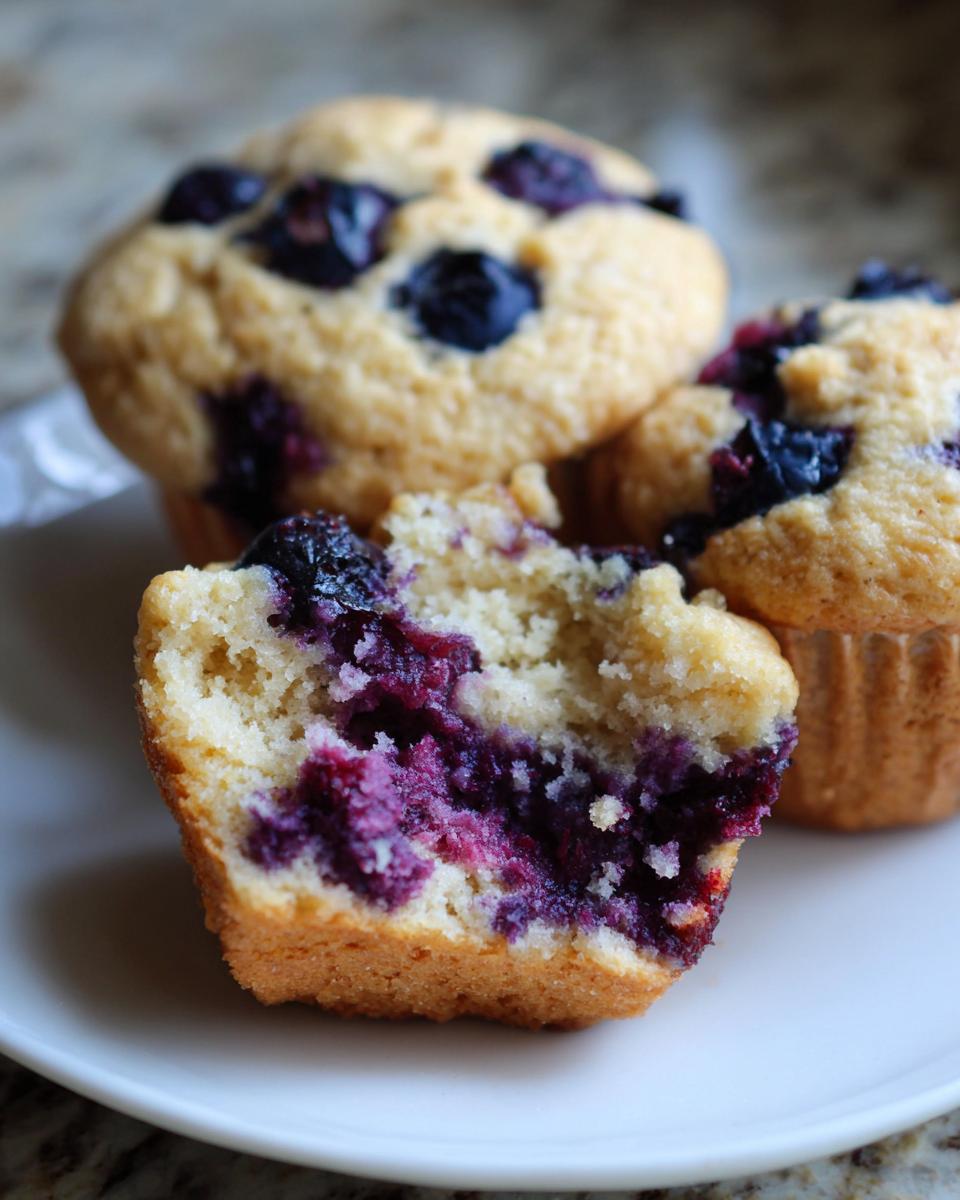 A close-up view of a blueberry protein muffin cut in half, showing the moist interior and burst blueberries.