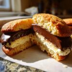 Close-up of a Boston cream pie cookie cut in half, showing vanilla cream filling and chocolate ganache topping.