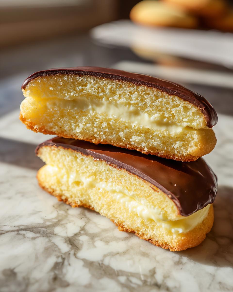Close-up of two stacked boston cream pie cookies cut in half, showing vanilla filling and chocolate glaze.