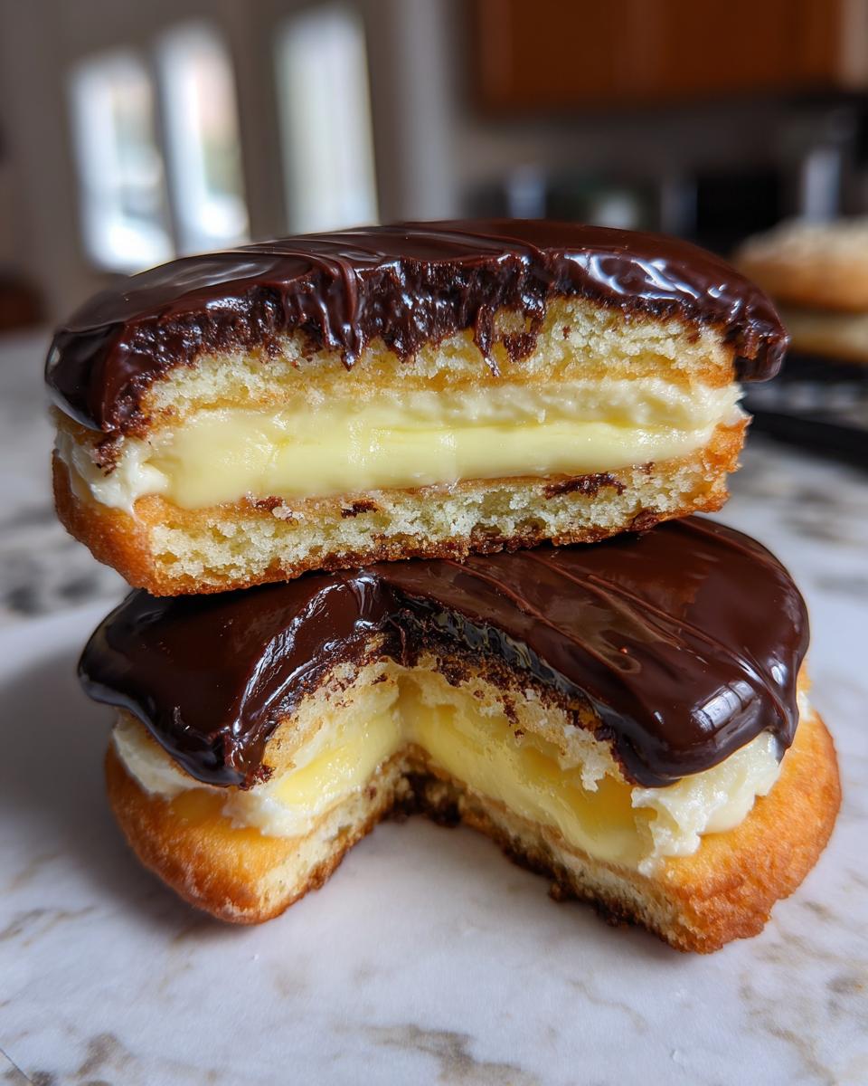 Two halves of a Boston cream pie cookie stacked, showing the vanilla cake, thick pastry cream filling, and chocolate glaze.