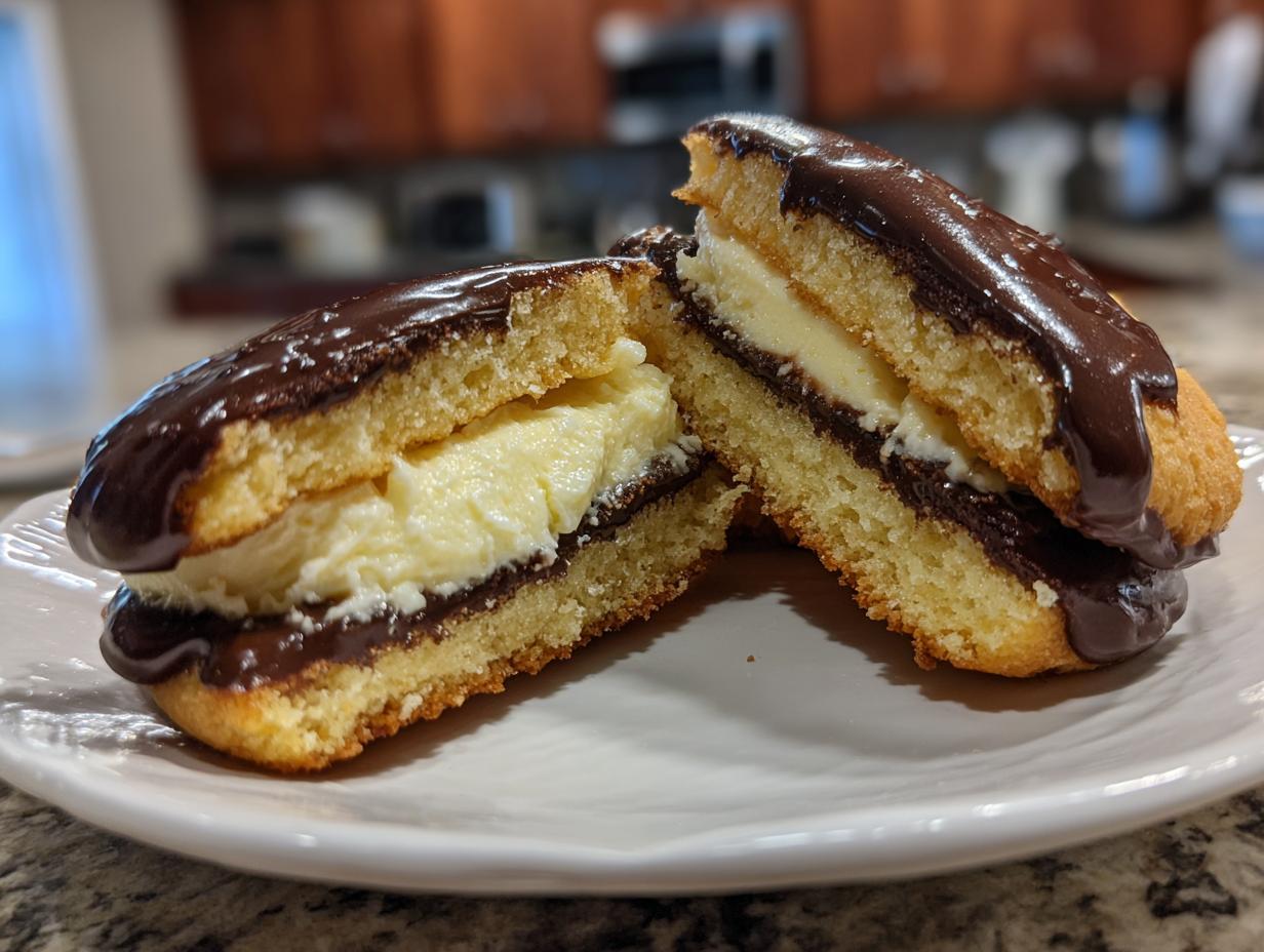 Close-up of two halves of a Boston cream pie cookie showing vanilla cream filling and chocolate glaze.