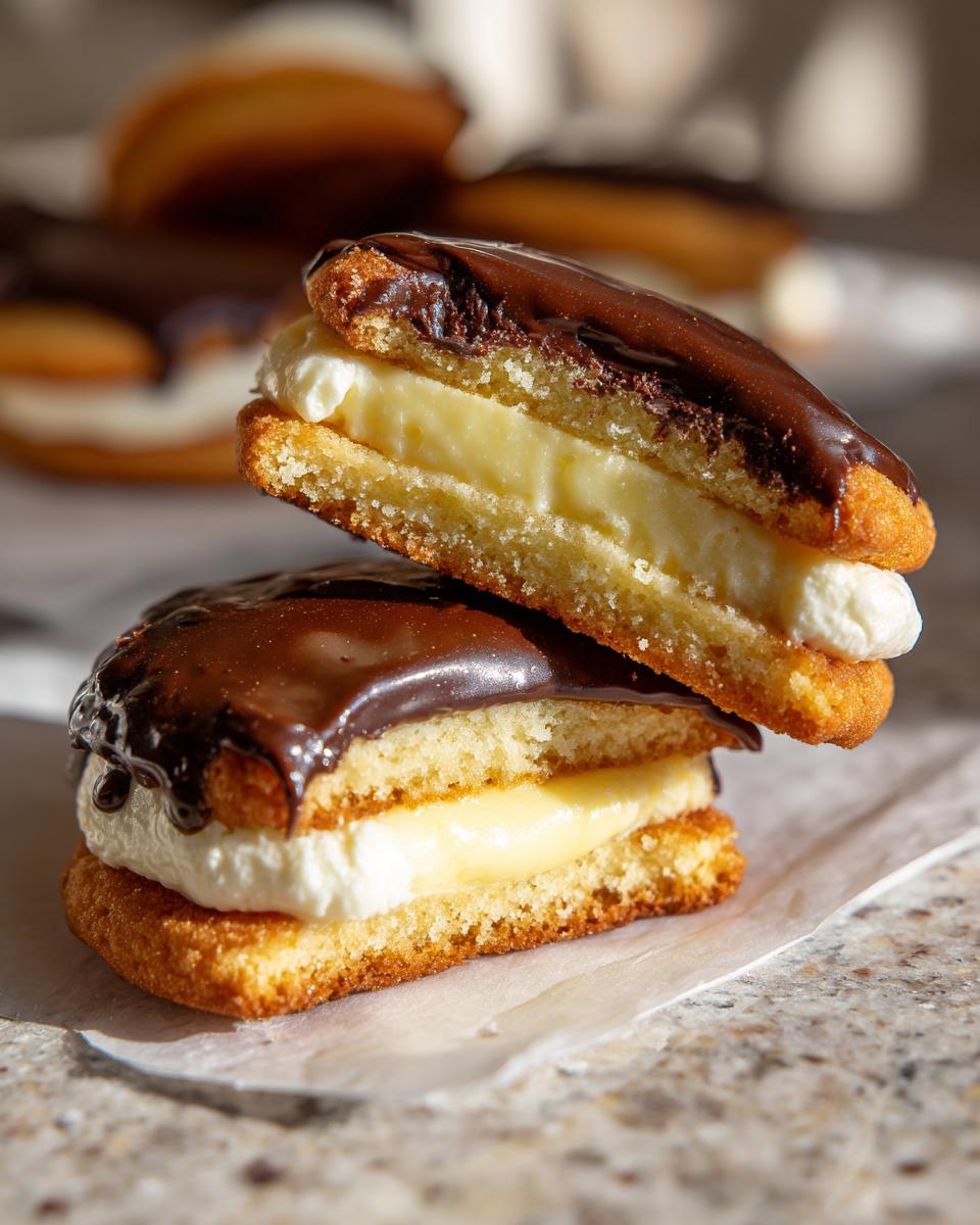 Two halves of a delicious boston cream pie cookies stacked, showing vanilla cream and pastry cream filling under chocolate glaze.