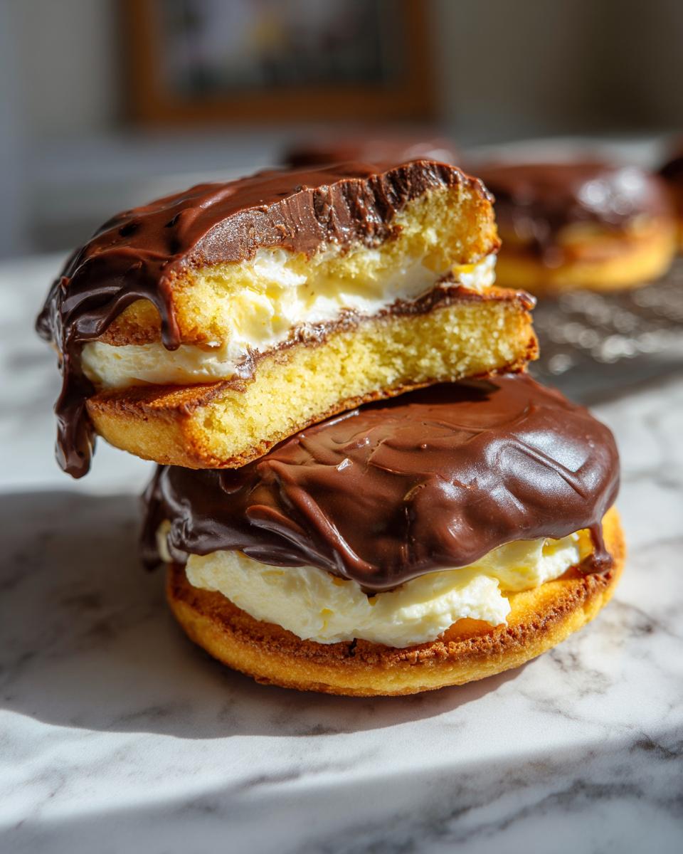 Two stacked Boston cream pie cookies, one cut in half showing vanilla cream filling between cake layers and chocolate glaze.