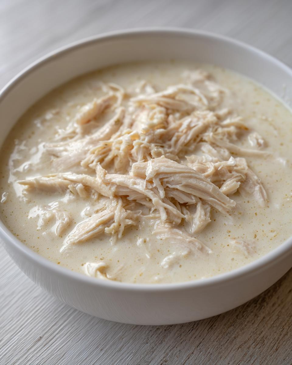 Close-up of a white bowl filled with rich cream of chicken soup topped generously with shredded white meat chicken.