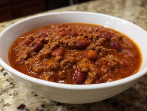 Close-up of a hearty bowl of rich, red high protein chili loaded with ground meat and kidney beans.