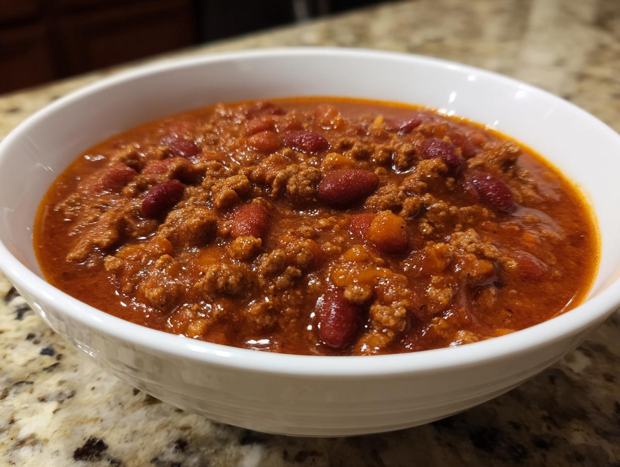 Close-up of a hearty bowl of rich, red high protein chili loaded with ground meat and kidney beans.