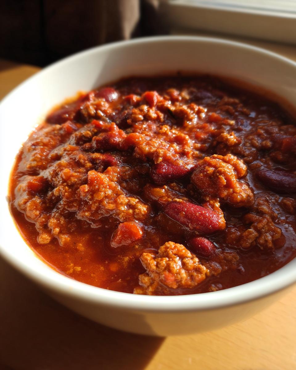 Close-up of a hearty bowl of rich, red high protein chili loaded with ground meat and kidney beans.