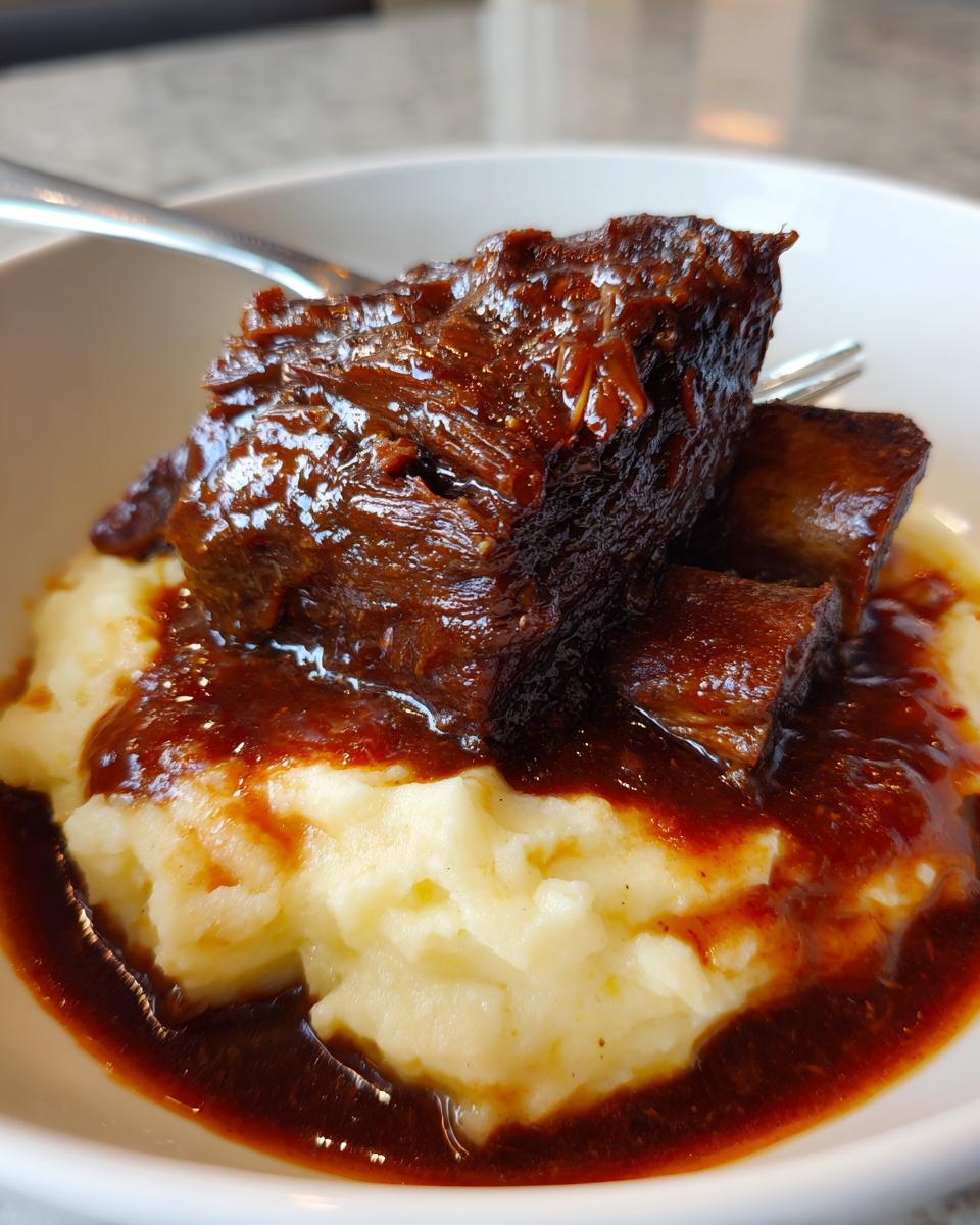 Close-up of tender braised short ribs covered in rich sauce served over a bed of creamy mashed potatoes.