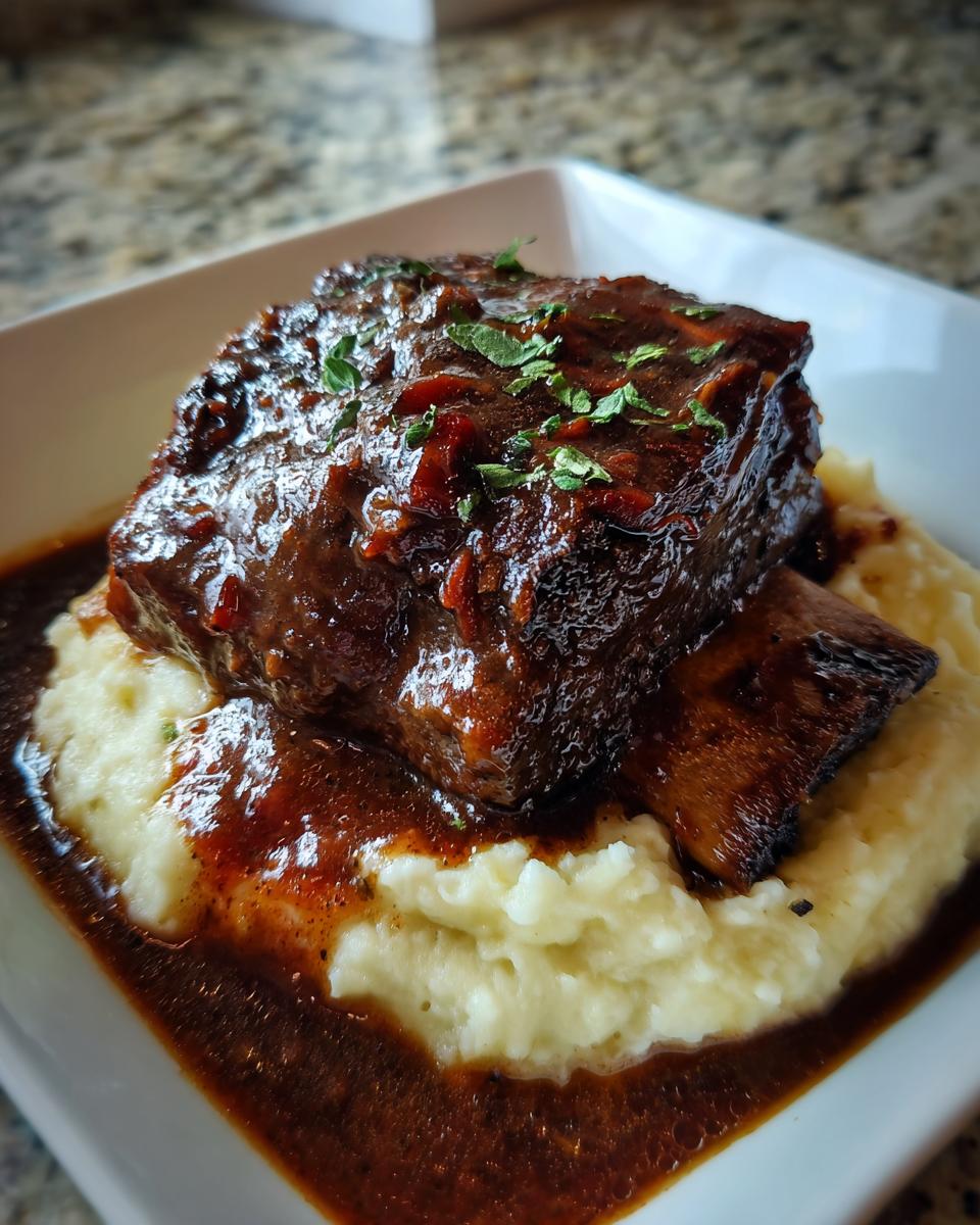 A close-up of tender braised short ribs covered in rich sauce, served over creamy mashed potatoes.