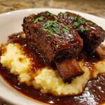 Two glossy, dark braised short ribs served over creamy mashed potatoes and rich gravy.