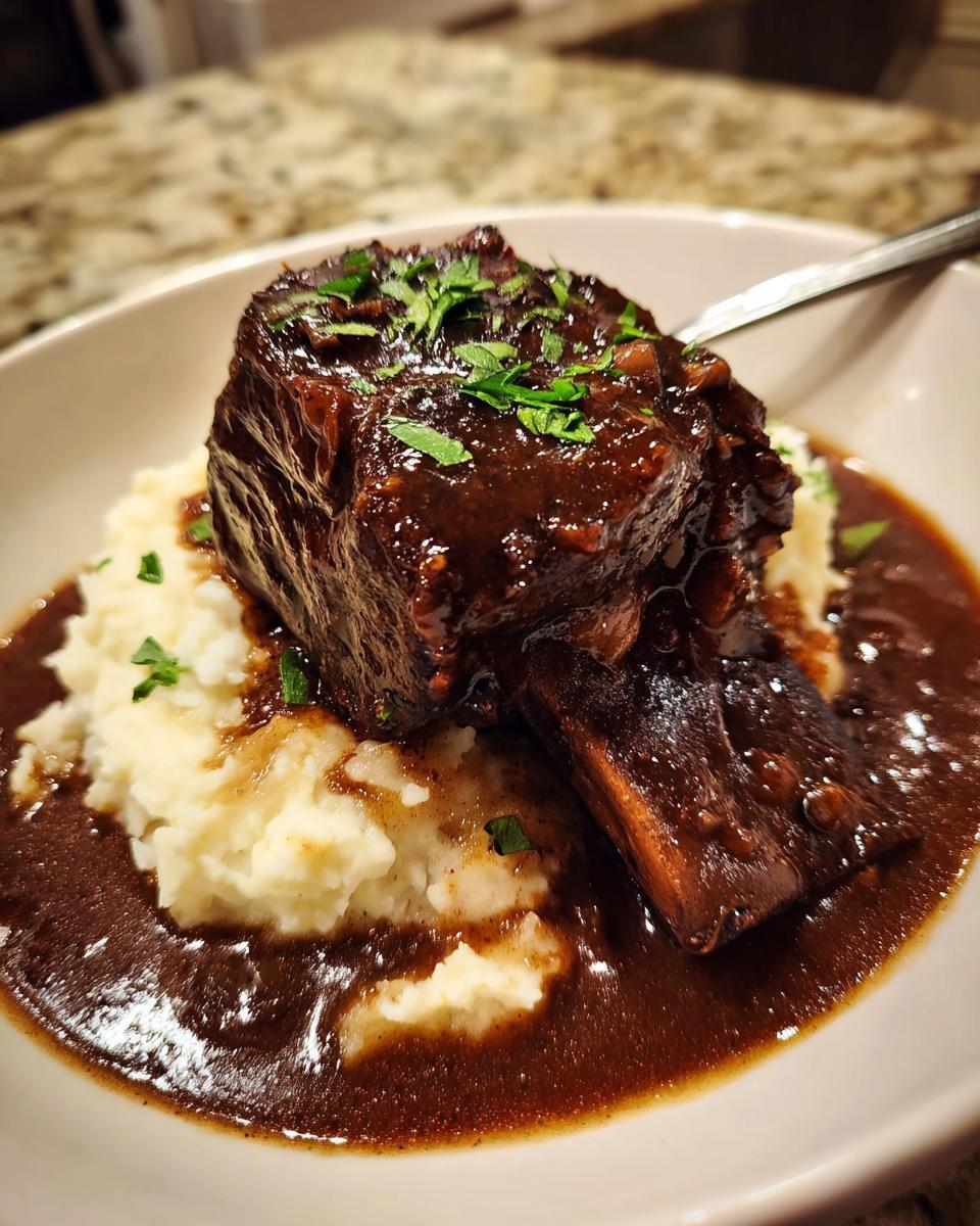 A single, tender braised short ribs serving smothered in dark sauce over creamy mashed potatoes, garnished with parsley.