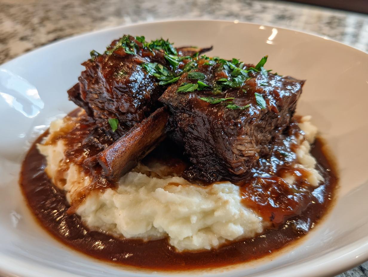 Two tender braised short ribs covered in rich sauce, served over creamy mashed potatoes and garnished with parsley.