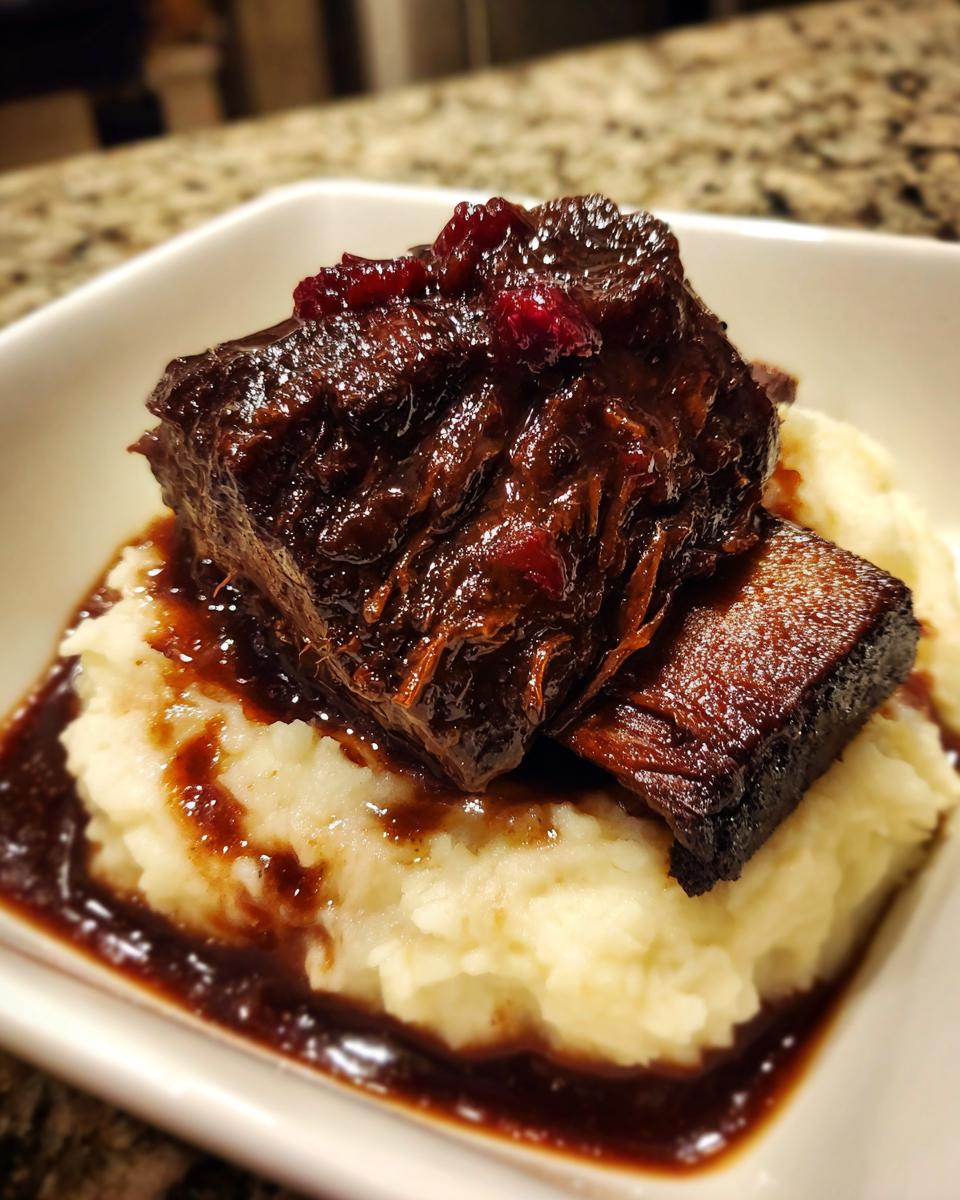 Close-up of tender braised short ribs glazed with sauce, served atop creamy mashed potatoes.