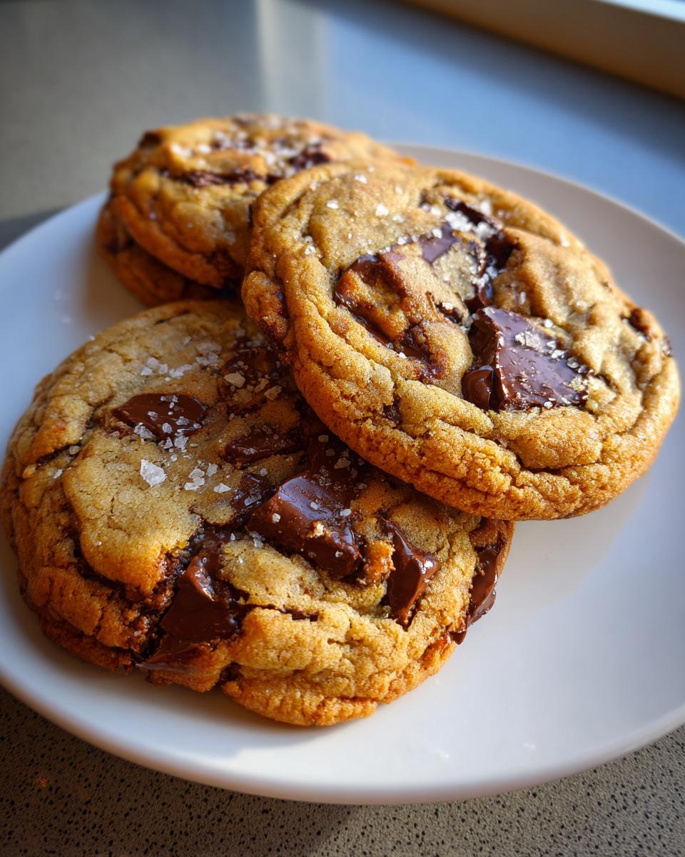 Three thick, chewy brown butter chocolate chip cookies topped with flaky sea salt and melted chocolate chunks.