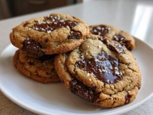 Close-up of gooey brown butter chocolate chip cookies stacked on a white plate, topped with flaky sea salt.