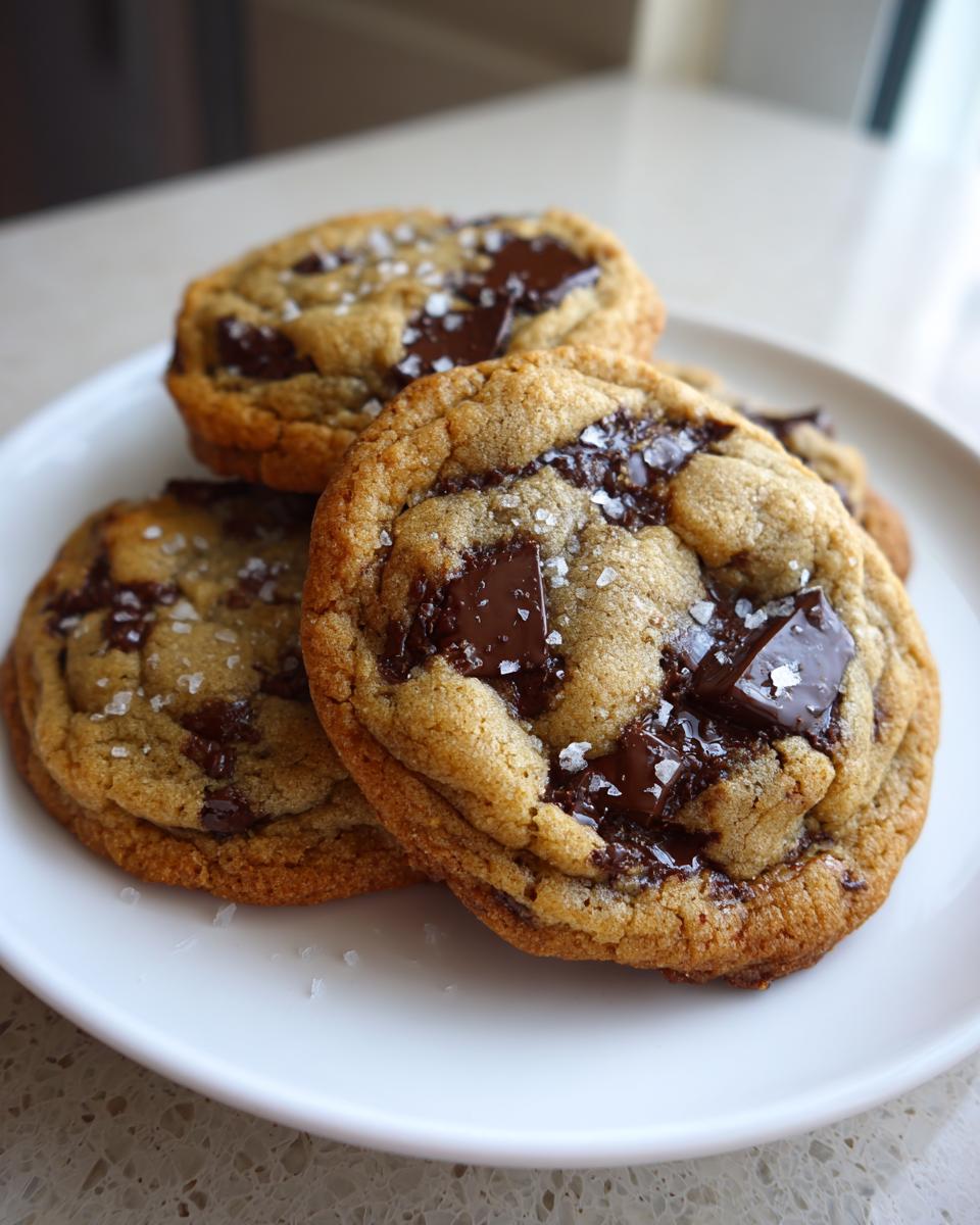 Close-up of several thick brown butter chocolate chip cookies topped with flaky sea salt.