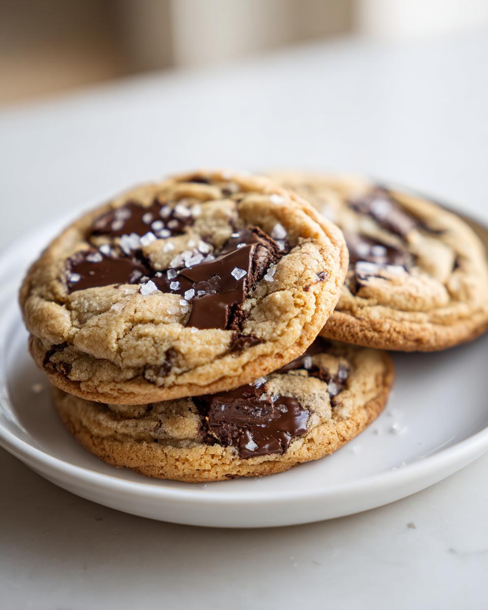 A stack of three amazing brown butter chocolate chip cookies topped with melted chocolate chunks and flaky sea salt.