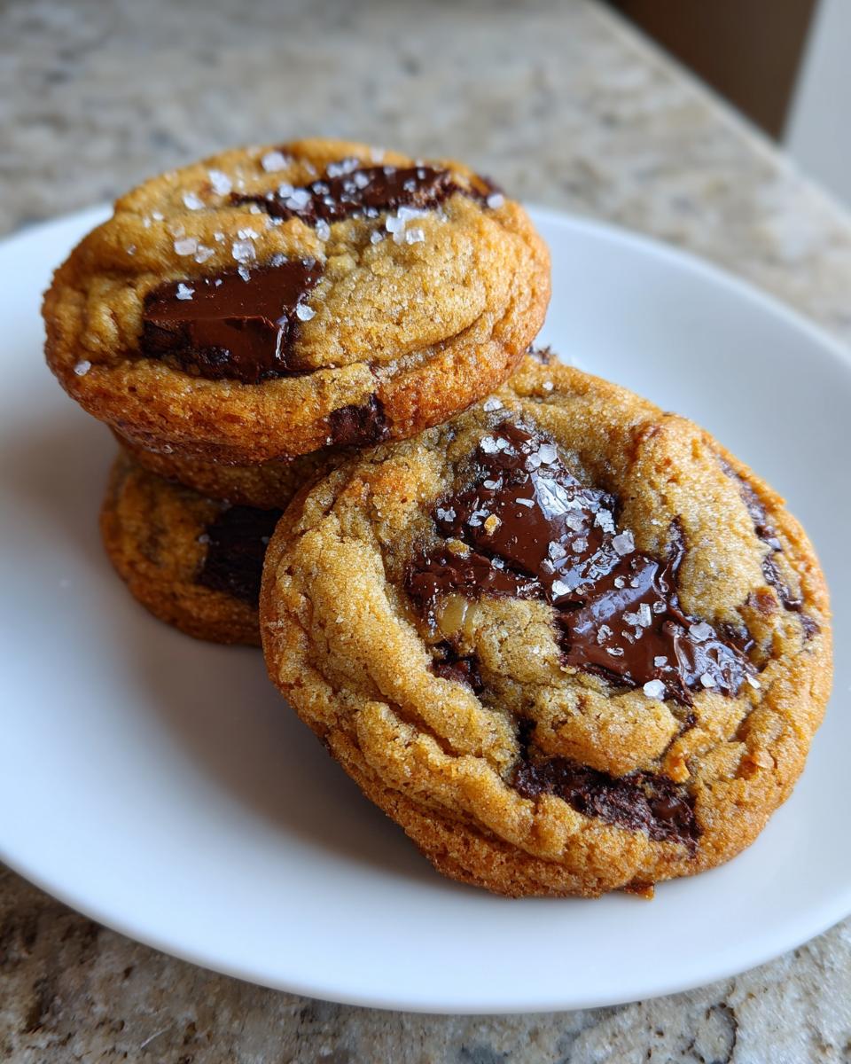 Close-up of three thick brown butter chocolate chip cookies stacked on a white plate, topped with flaky sea salt.
