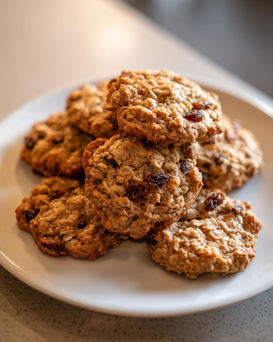 A close-up stack of freshly baked, chewy oatmeal raisin cookies piled on a white plate.