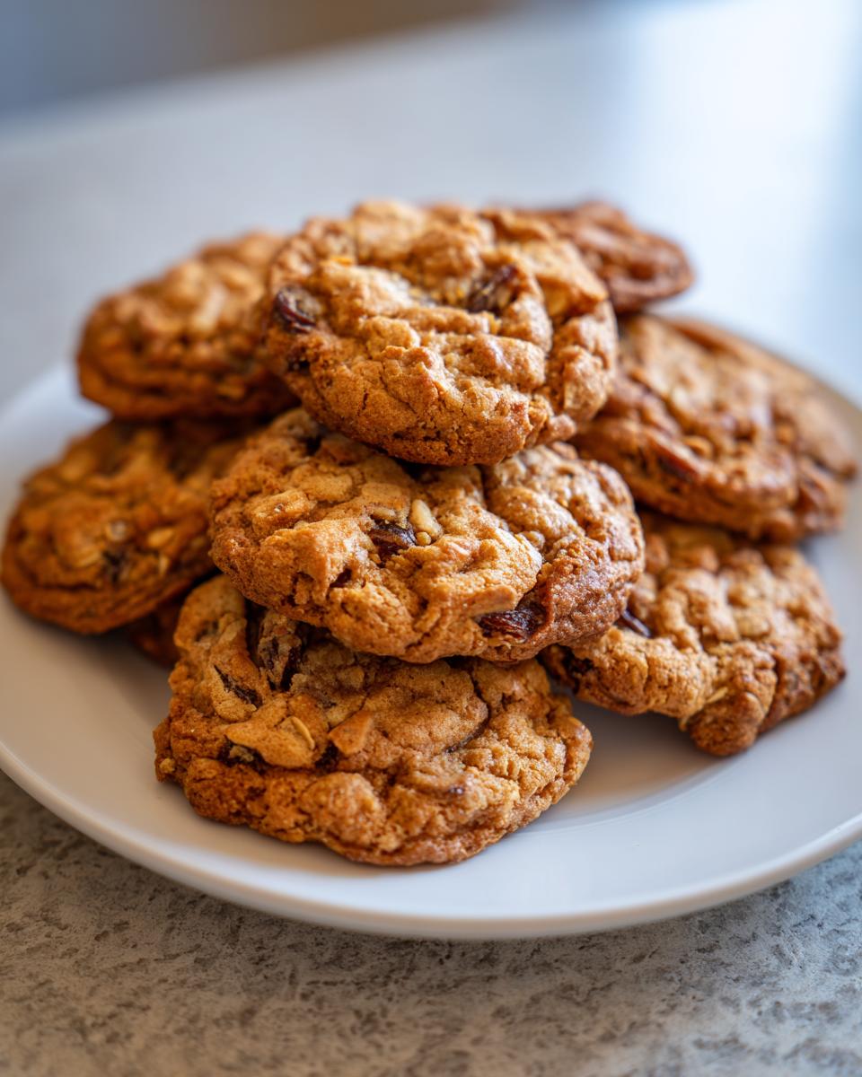 A close-up stack of freshly baked, chewy oatmeal raisin cookies piled high on a white plate.