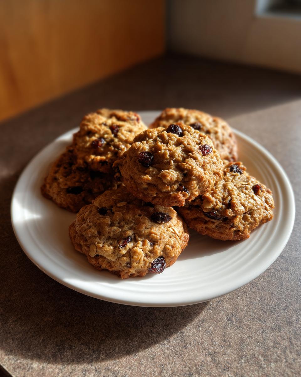 A pile of freshly baked oatmeal raisin cookies studded with dried fruit, resting on a white plate.