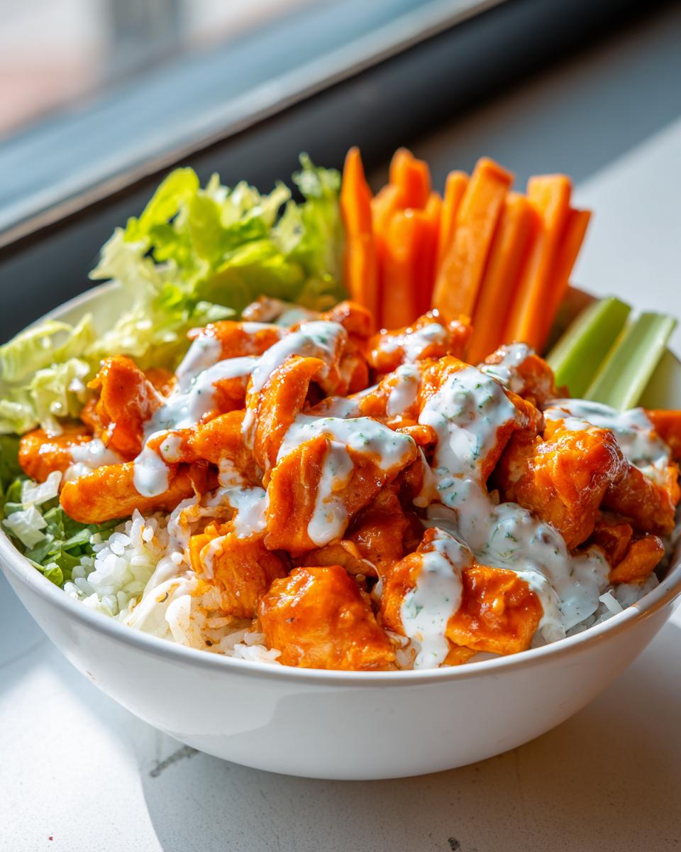 A close-up of a vibrant buffalo chicken bowl featuring orange-sauced chicken pieces over rice, drizzled with ranch, served with celery and carrot sticks.