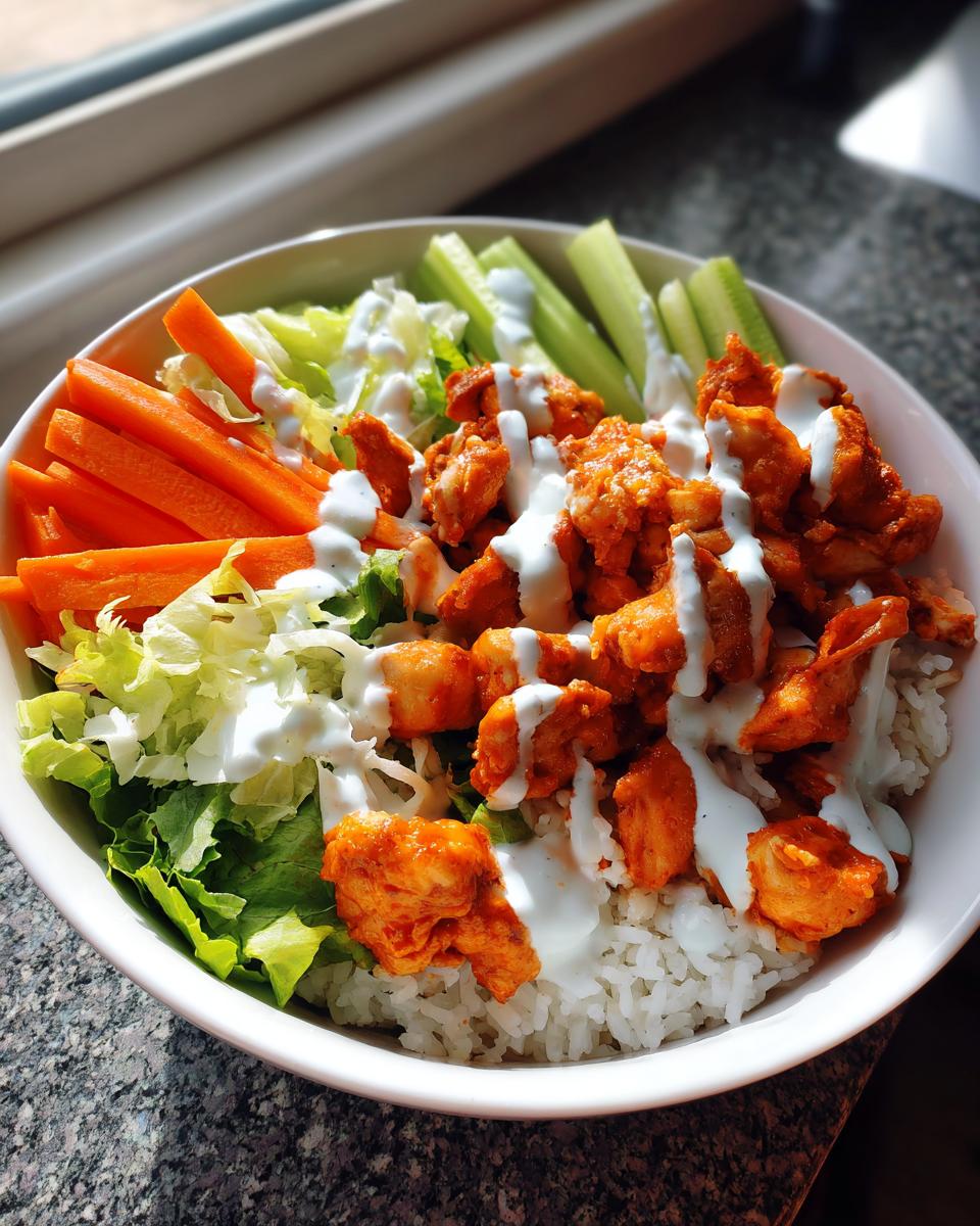 A vibrant buffalo chicken bowl featuring rice, spicy chicken pieces, shredded lettuce, carrot sticks, celery, and a drizzle of ranch.