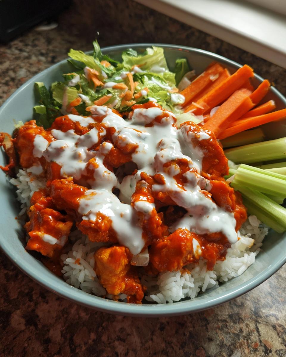 A close-up of a delicious buffalo chicken bowl served over white rice, topped with ranch dressing, lettuce, carrots, and celery sticks.