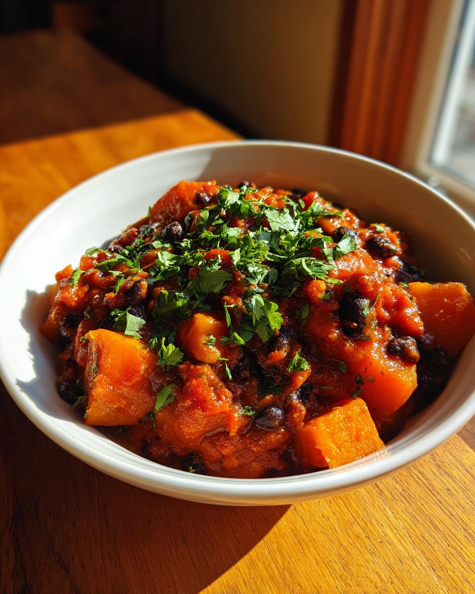 Close-up of a bowl of rich butternut squash chili topped with fresh cilantro.