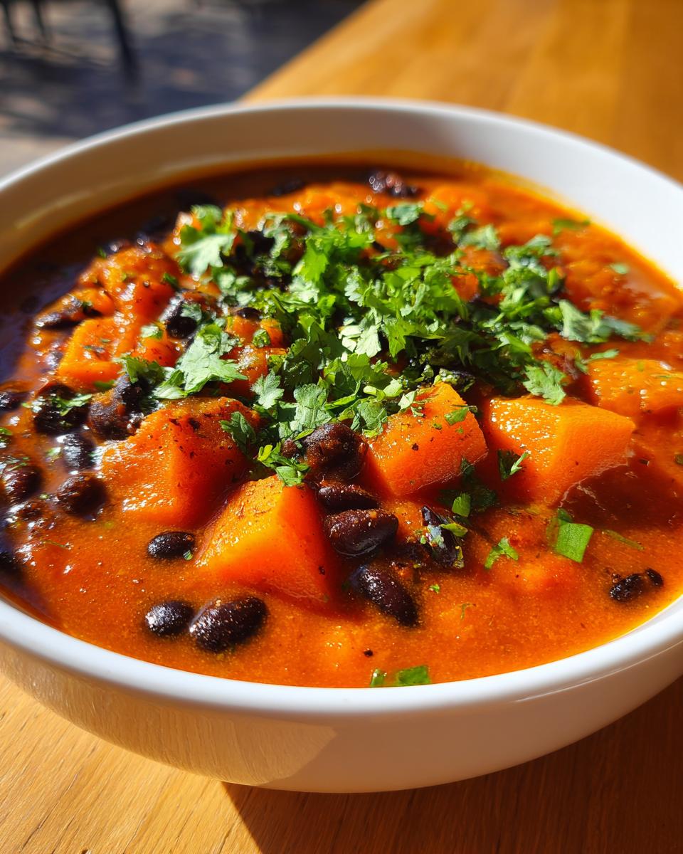 Close-up of a bowl of rich, orange butternut squash chili with black beans, topped with fresh cilantro.