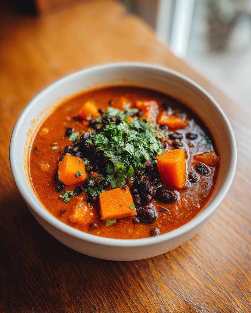 Close-up of a white bowl filled with rich, red butternut squash chili, black beans, and topped with fresh cilantro.