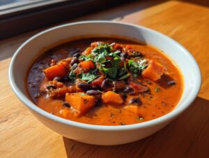 A close-up of a white bowl filled with rich, orange butternut squash chili featuring black beans and topped with fresh cilantro.