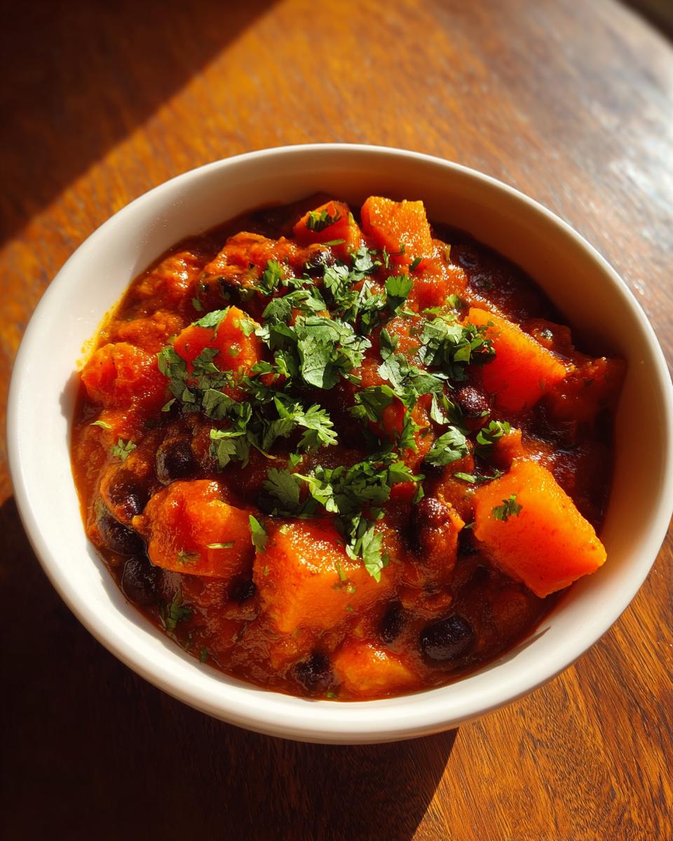 A white bowl filled with vibrant butternut squash chili, featuring chunks of orange squash and black beans, topped with fresh cilantro.