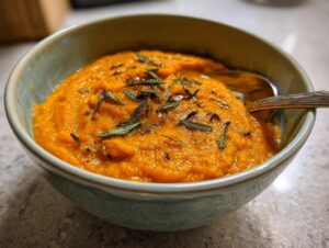Close-up of rich, orange butternut squash soup topped with fresh rosemary in a light blue bowl.