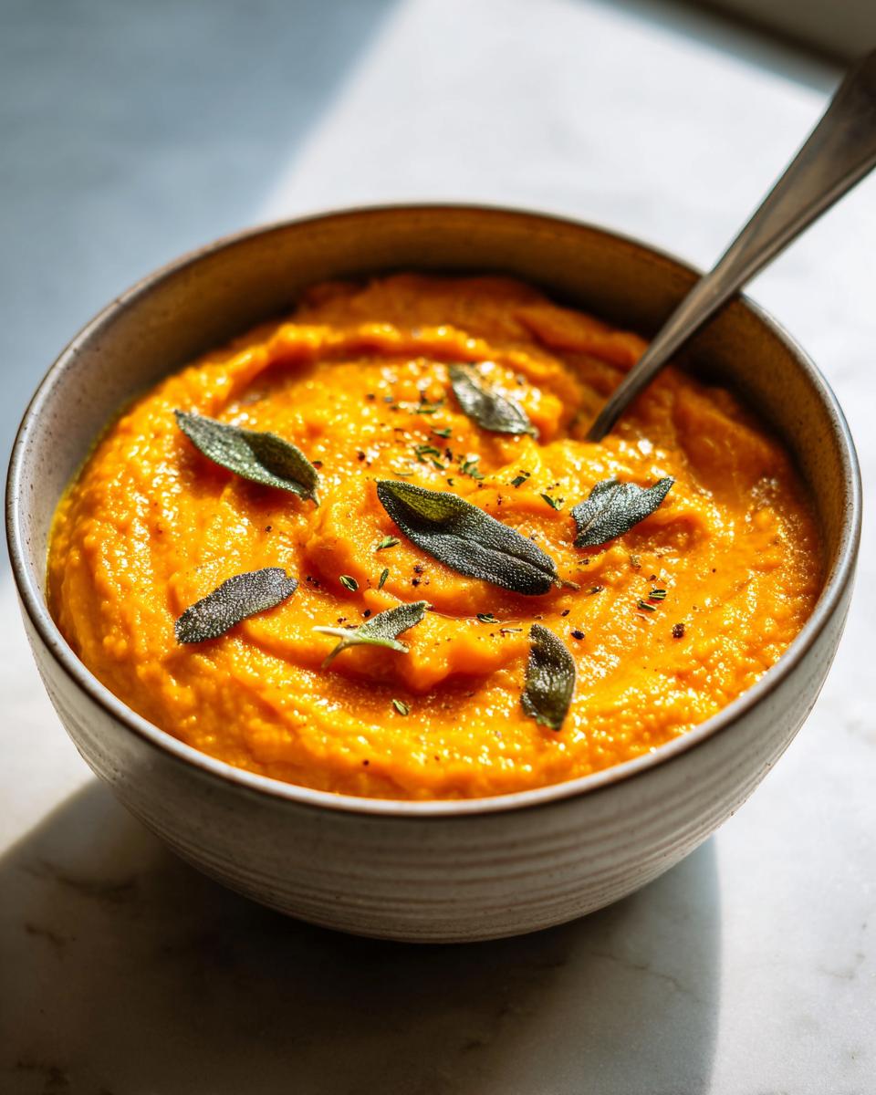 A close-up of rich, orange butternut squash soup topped with crispy sage leaves and herbs.