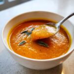 A spoonful of thick, orange butternut squash soup being lifted from a white bowl garnished with sage leaves.