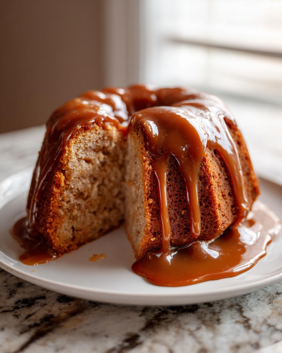A moist apple bundt cake generously topped with dripping caramel sauce, with one slice cut out.