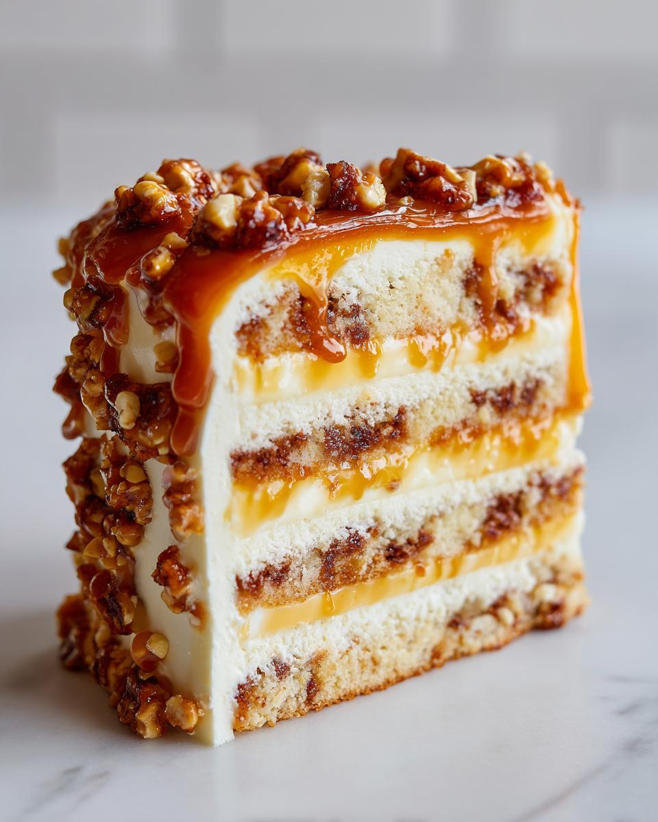 A tall, layered slice of caramel crunch cake featuring sponge layers, cream, caramel filling, and a topping of nuts.