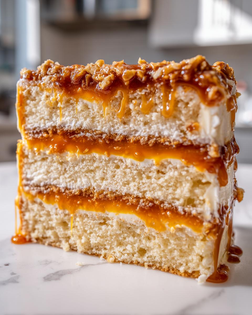 Close-up of a decadent slice of caramel crunch cake showing layers of vanilla sponge, cream, and thick caramel filling.